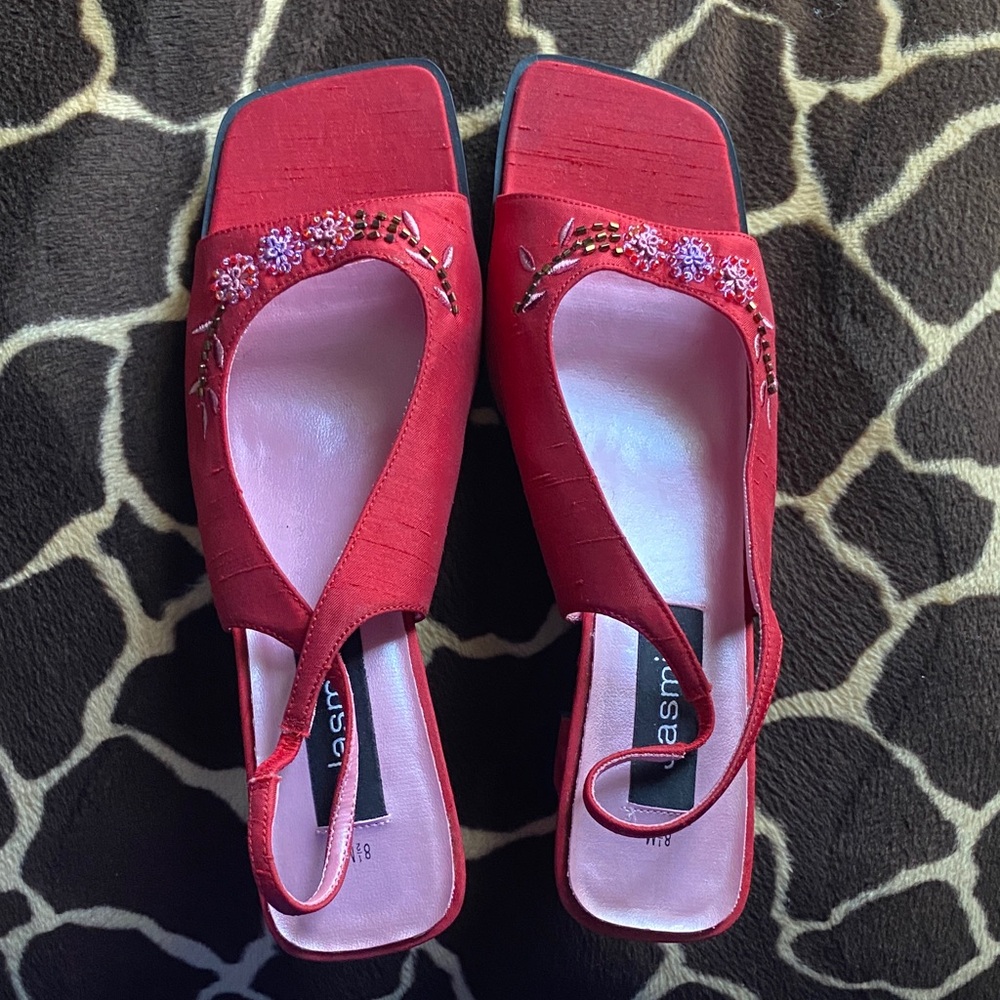 Vintage Jasmin Red Embroidered and Beaded Square Toe and Heel Shoes
